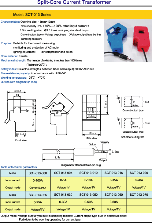 25A SCT-013-025 Non-invasive AC Current Sensor Split Core Current Transformer 