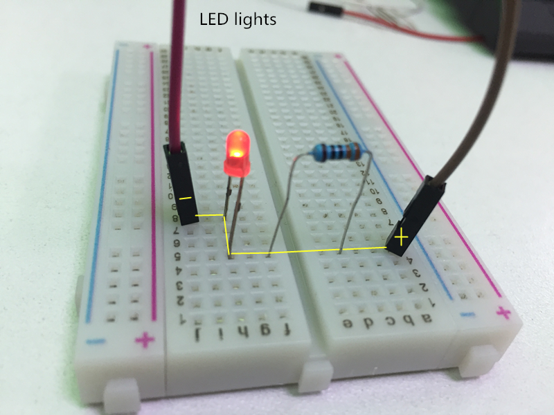 Insert the jumpers and electronic components to build a complete circuit as per the breadboard “holes” rules mentioned above.