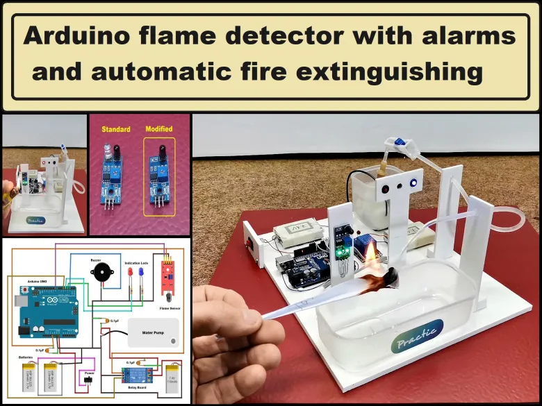 Arduino flame detector with alarms and automatic fire exting