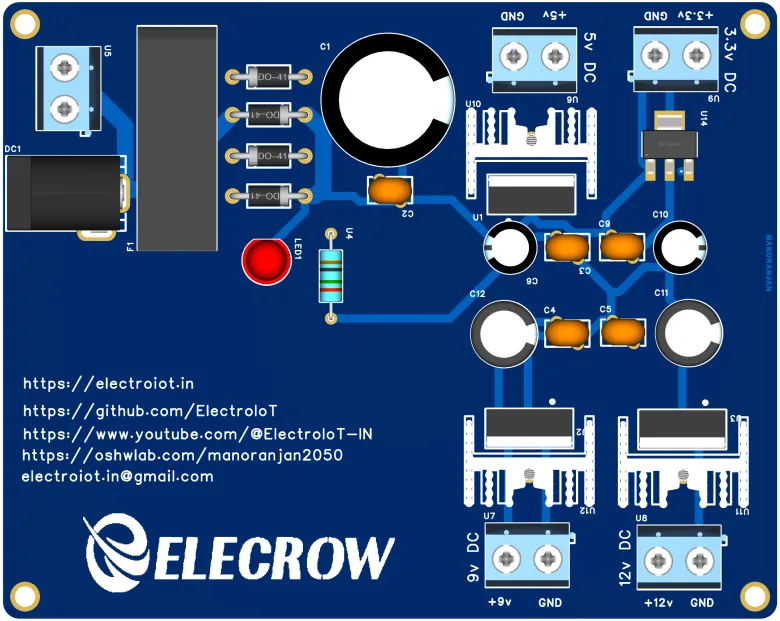 Multi-Voltage Regulator PCB (12V, 9V, 5V, 3.3V)