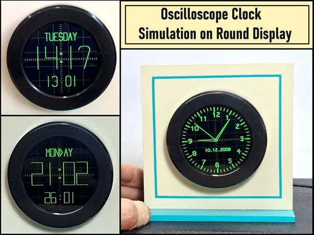Oscilloscope Clock Simulation on a Round ESP32 Display