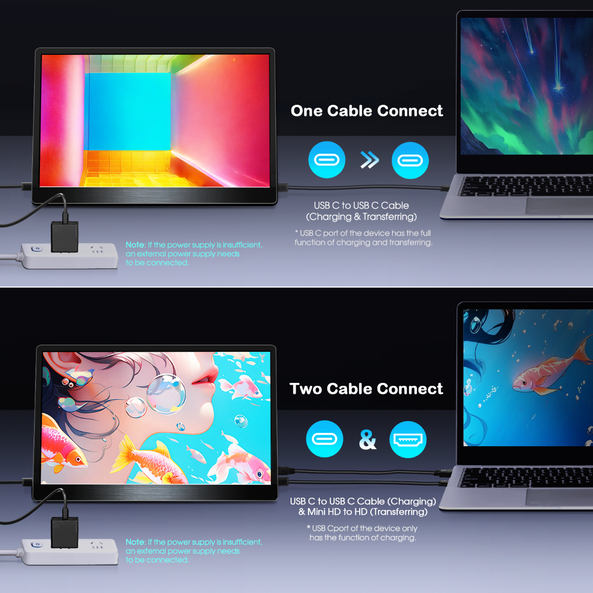 portable monitor supports one cable solution