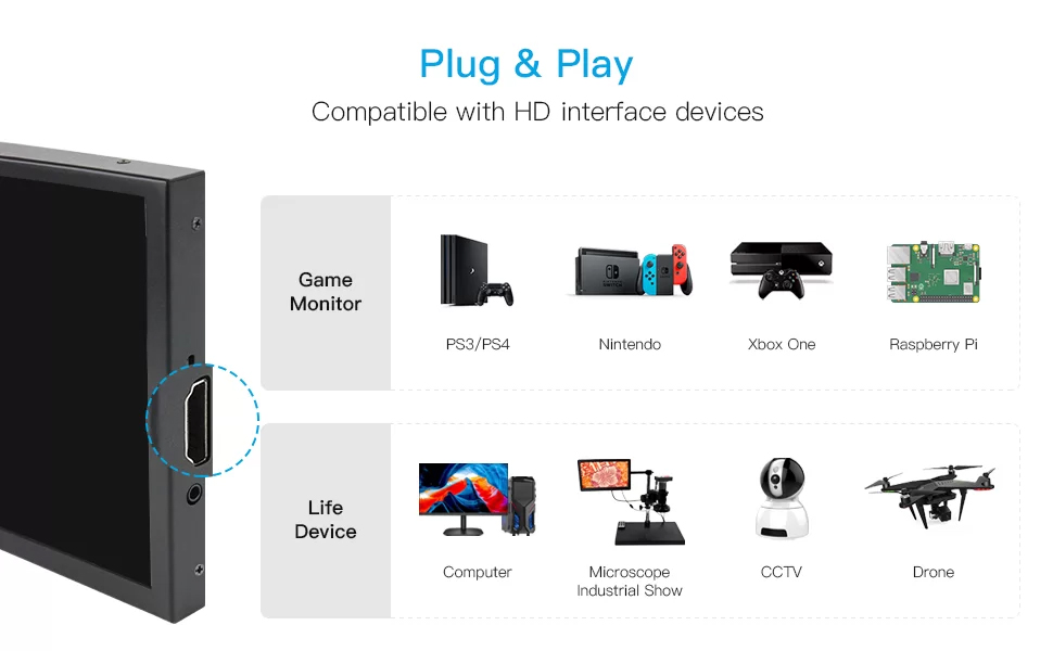 8 inch portable monitor support plug and play