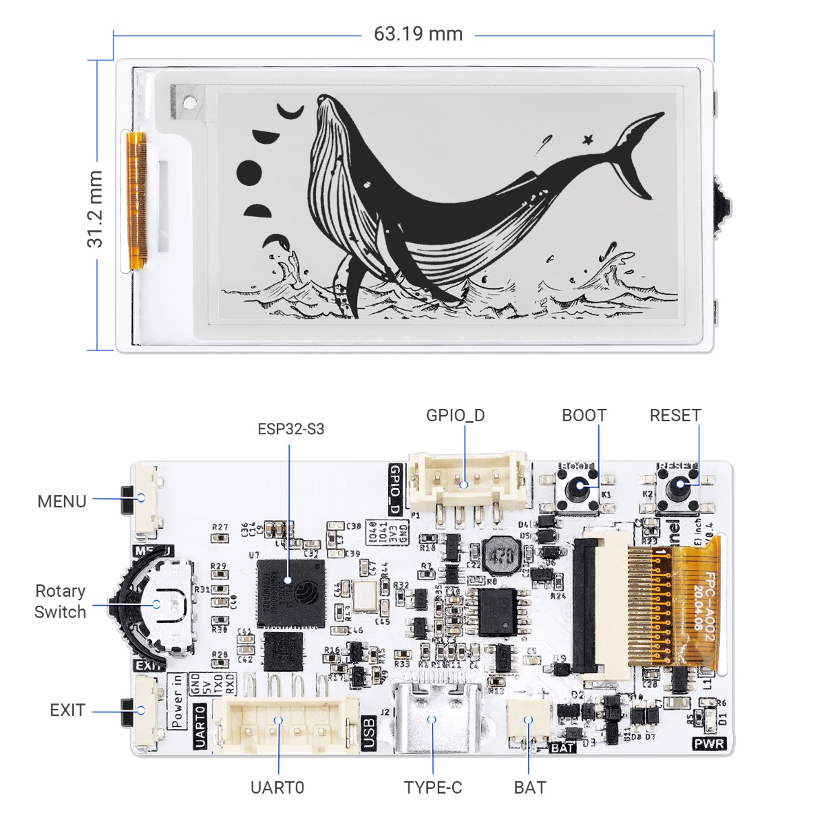 dimension size of 2.13 inch E-paper display