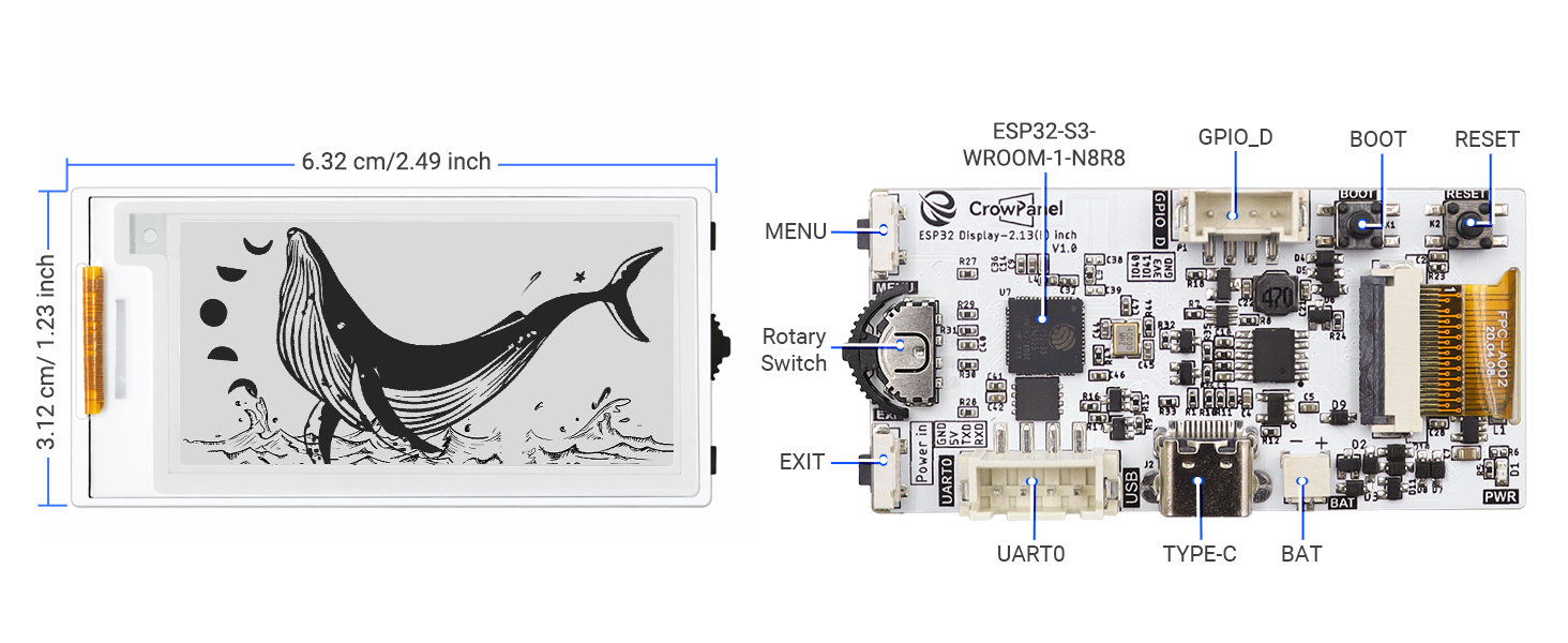 dimension size of 2.13 inch E-paper display