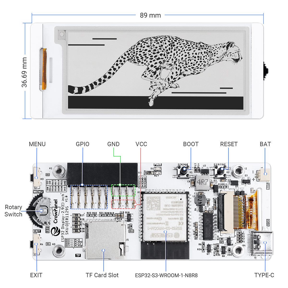 hardware overview of ESP32 2.9incg E-paper HMI Display