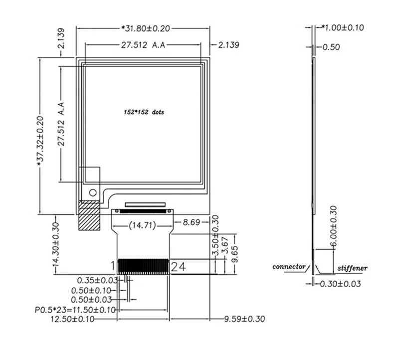diagram of 1.54 inch e paper screen