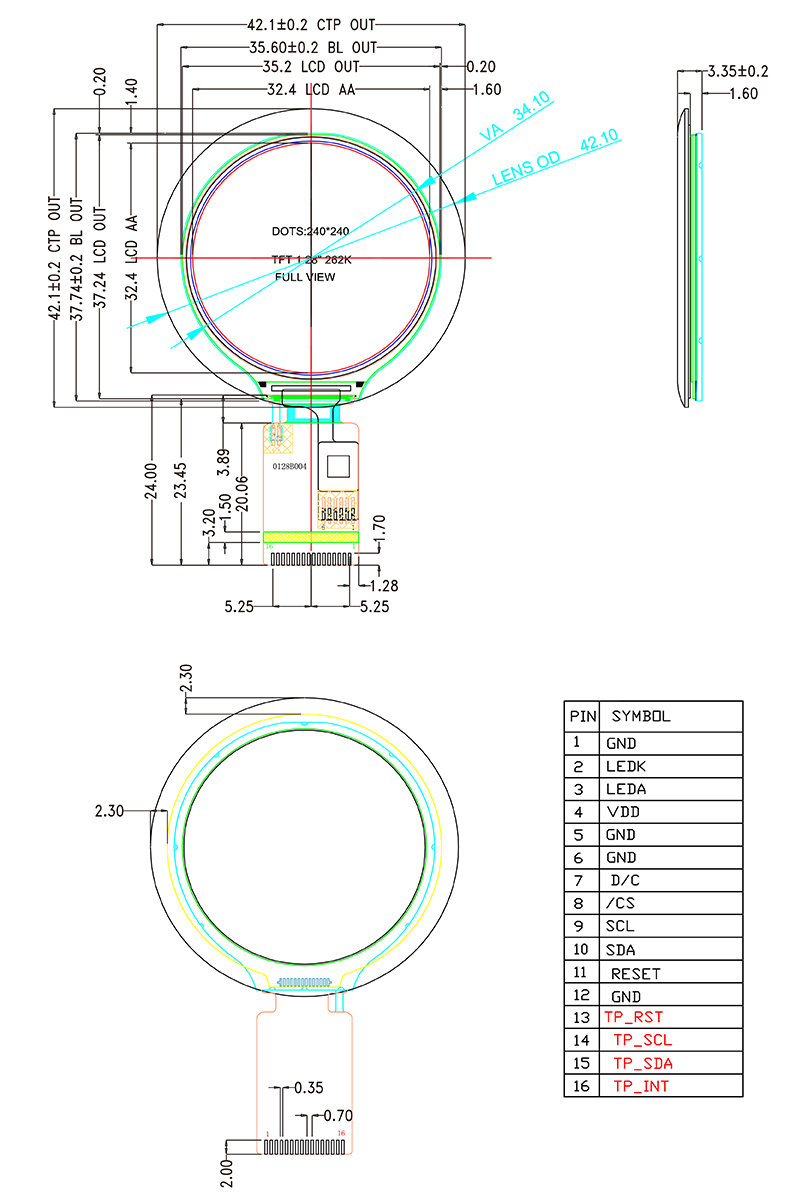 diagram of 1.28 inch round ESP32 HMI display