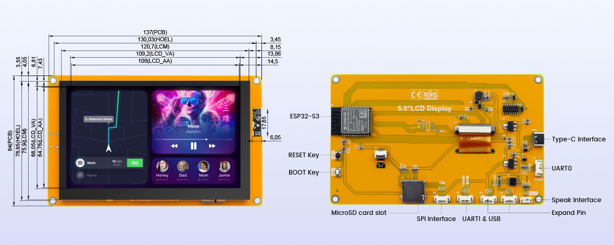 hardware overview of 5inch IPS ESP-32 Touchscreen