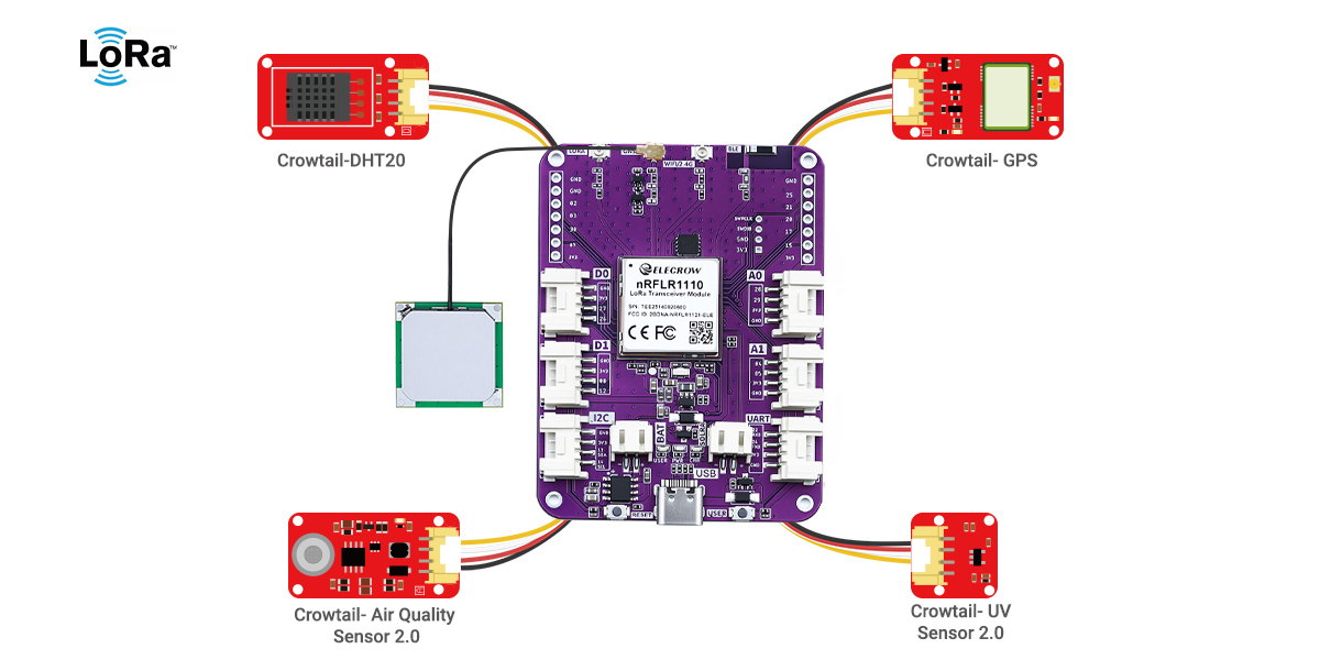 LoRa Node nRFLR1110 Board connects with crowtail sensors
