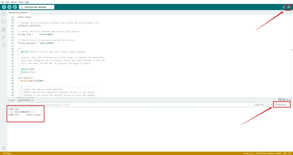 Open the Serial Monitor and set the baud rate to 115200