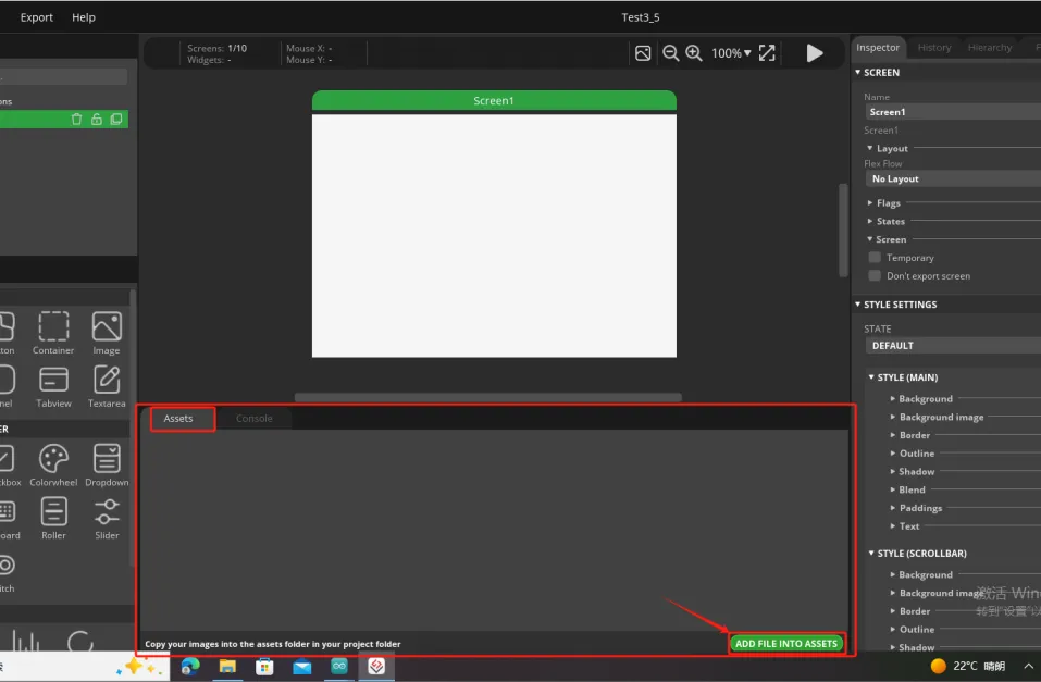 Official screenshot: open Assets and add the image asset