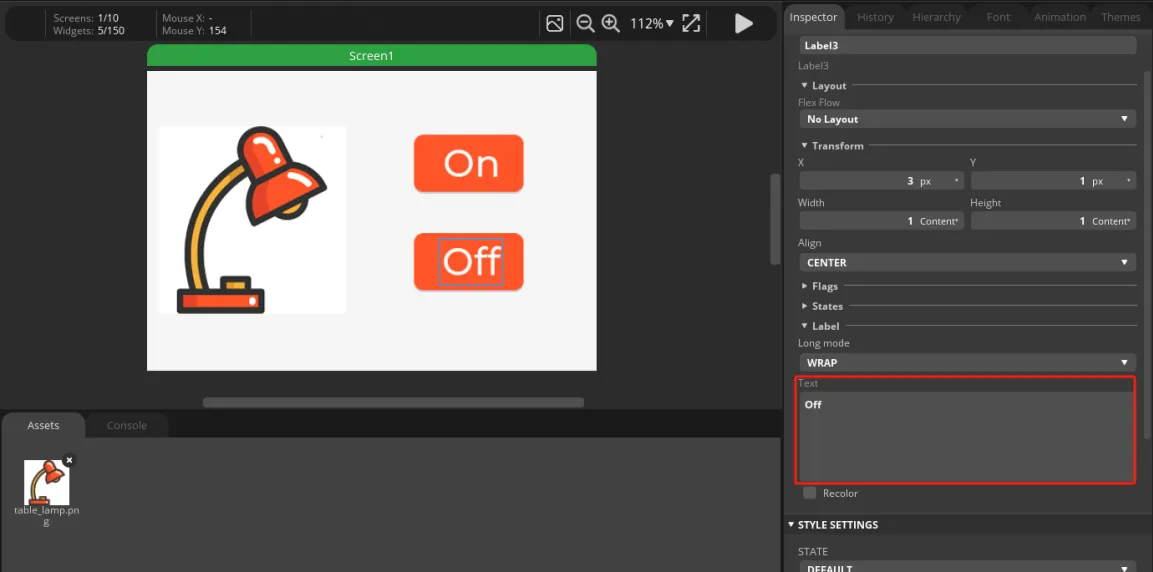 Official screenshot: set the Label text to Off