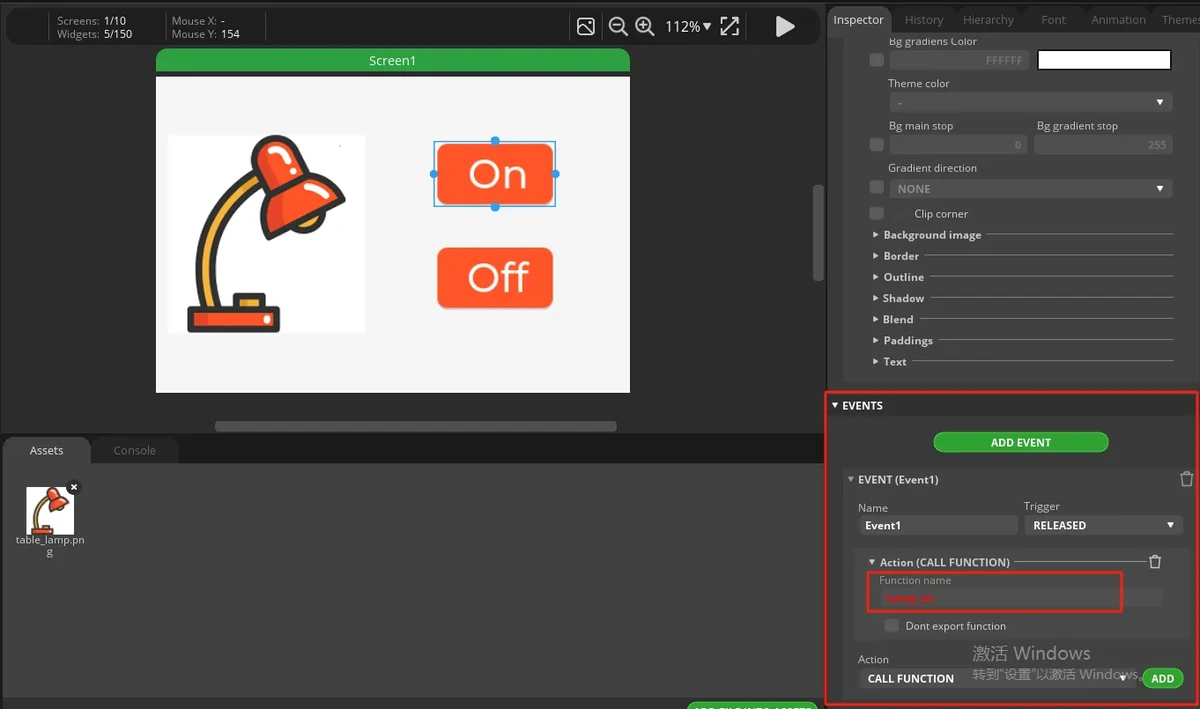 Official screenshot: bind Lamp_on to the On button