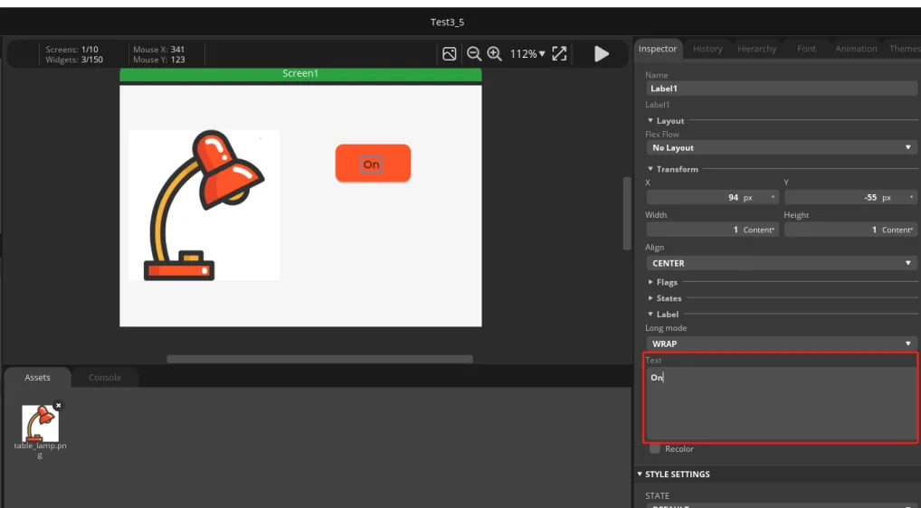 Official screenshot: set the Label text to On