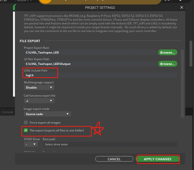 Official screenshot: set lvgl.h, enable Flat export, and apply