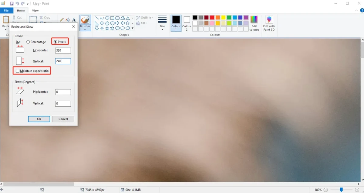 Set the image pixels to 800 x 480