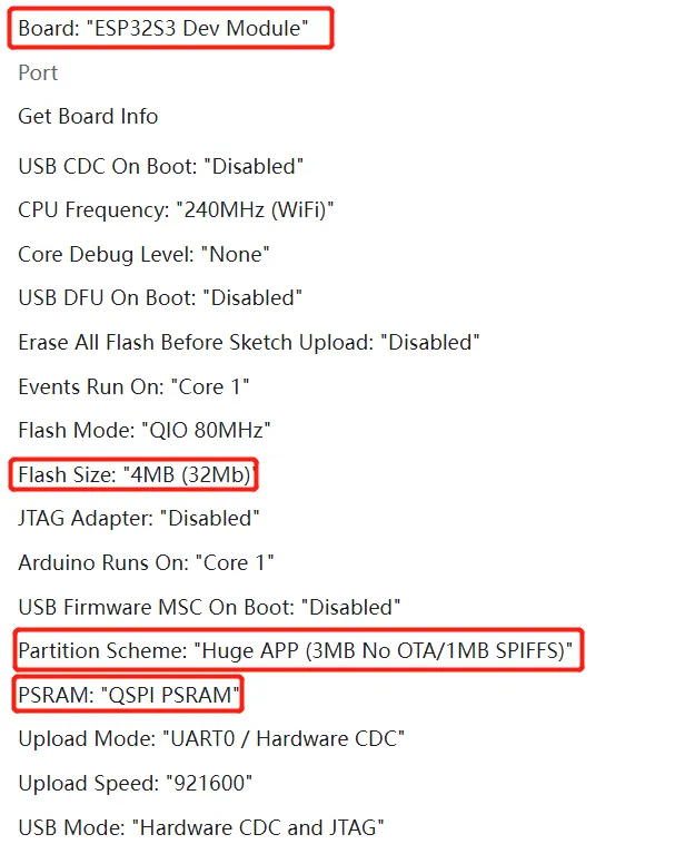 Configure Flash partition and PSRAM