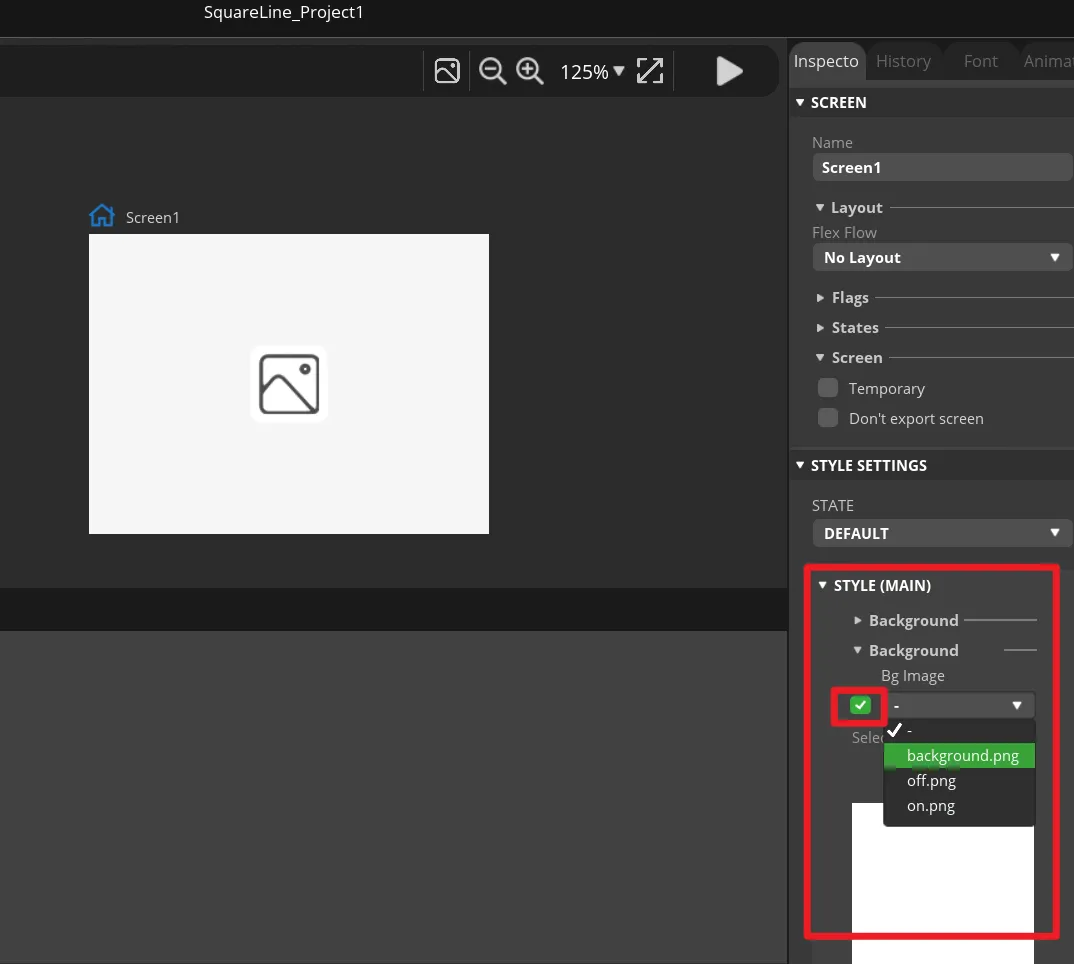 Enable the Screen1 background image