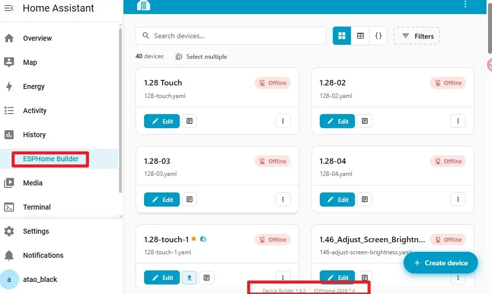 Confirm the ESPHome and Device Builder versions