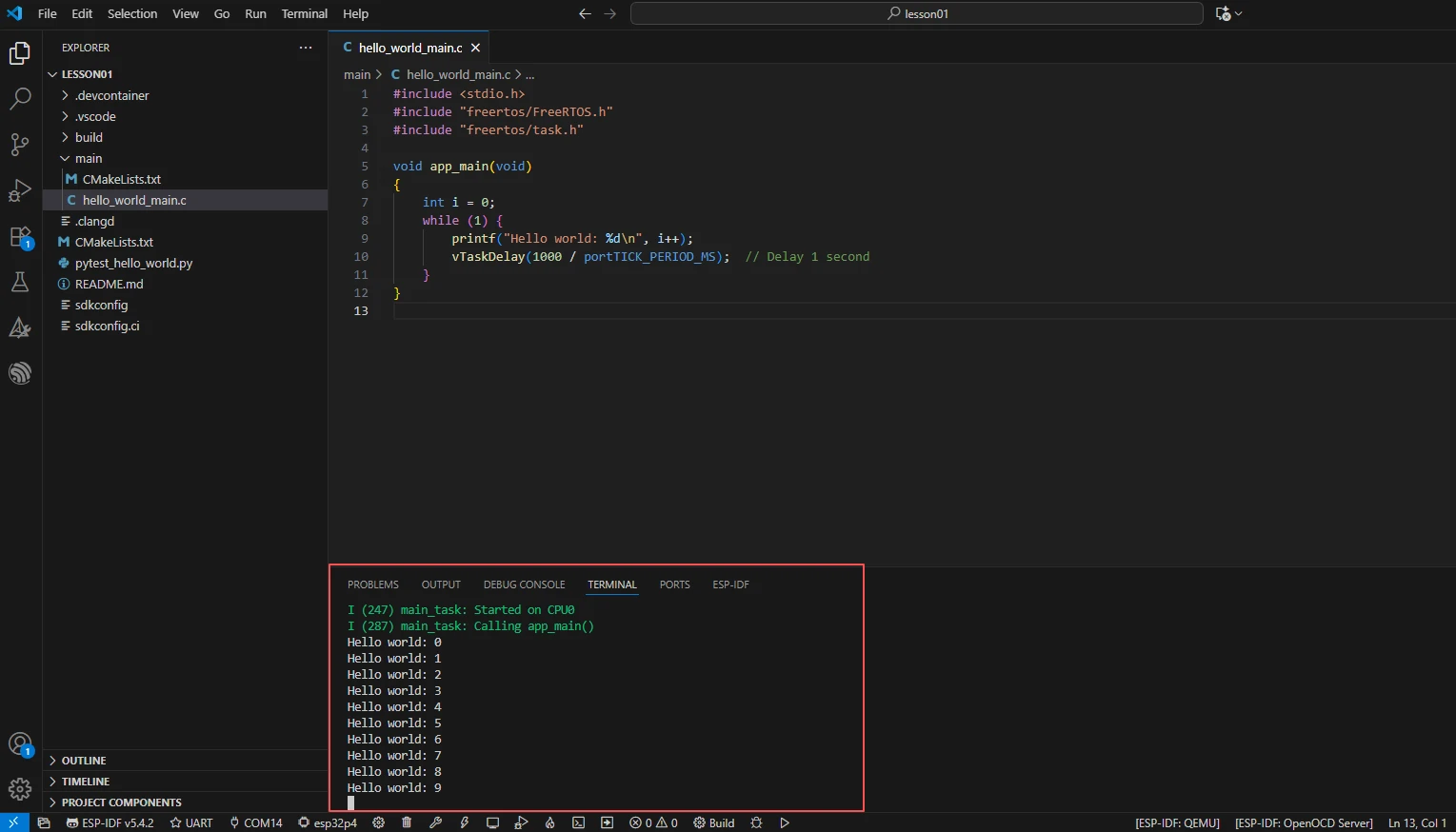 Viewing the Hello World serial output