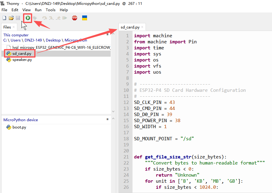 Open and run sd_card.py in Thonny