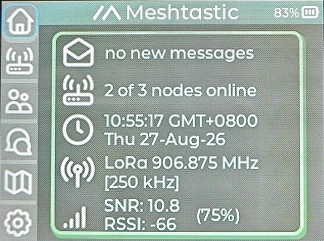 Meshtastic Home page message, node, radio, and signal status