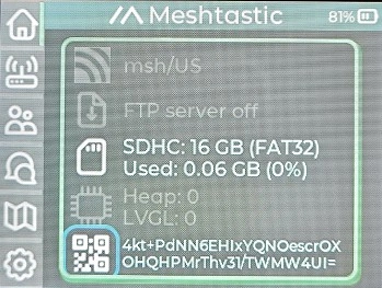 Meshtastic Home page MQTT, FTP, microSD, memory, and QR information